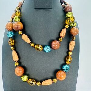 Vintage Joan Rivers Long Beaded Necklace Wood Crystal Beads Green Metallic Blue